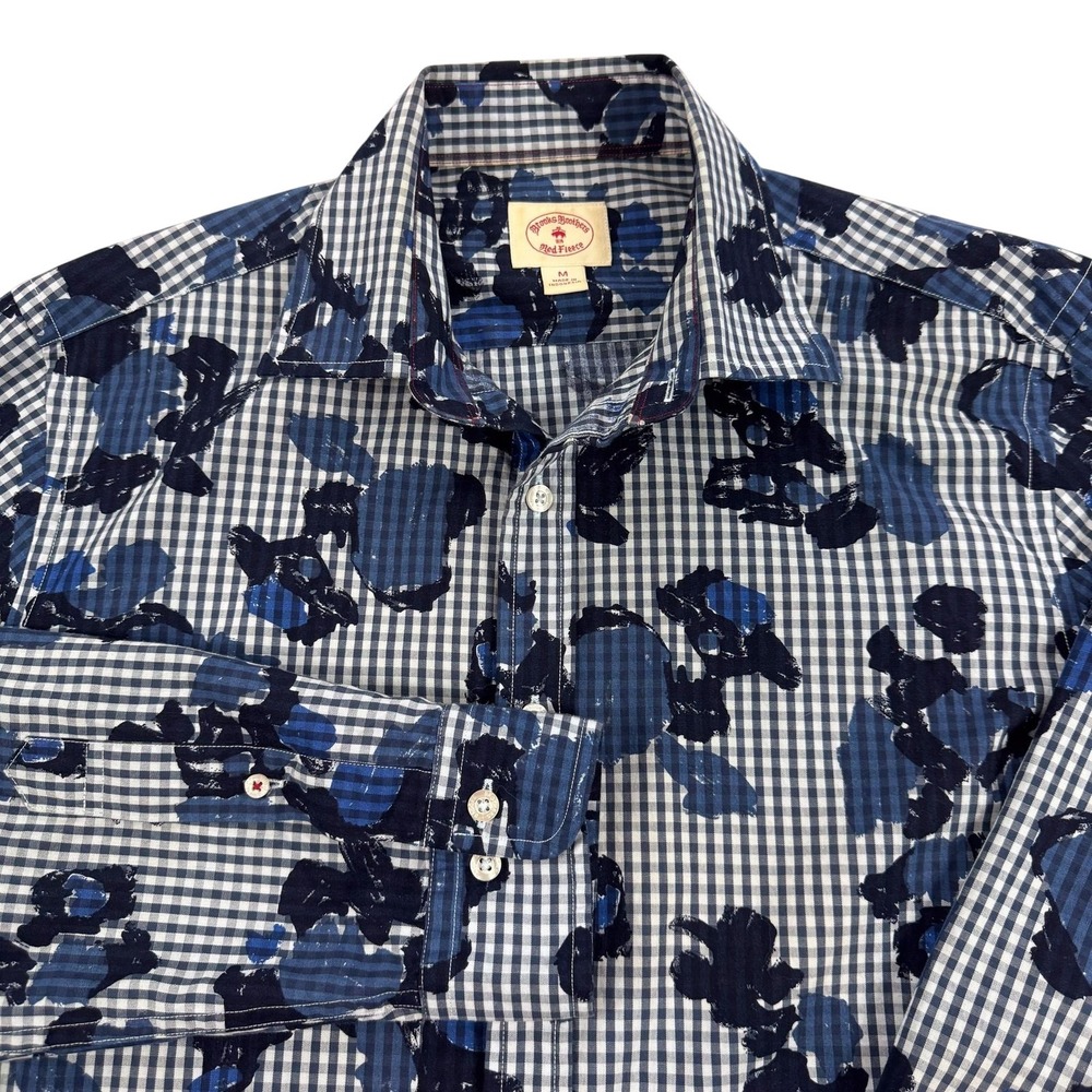 Brooks Brothers Red Fleece Shirt Mens Medium Blue Floral Gingham Cotton Casual